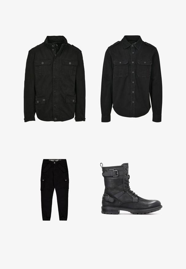 Veste noire en coton avec fermeture éclair et bouton, dotée de deux poches poitrine et de deux poches latérales, col structuré et poignets à boutons.; Chemise noire à manches longues en coton. Présente un col, deux poches poitrine, une fermeture à boutons et un tissu texturé.; Pantalons cargo noirs en coton, dotés de plusieurs poches, d'une coupe ajustée et d'un revers élastique aux chevilles.; Kazar HEARD - Bottines de cowboy / motard - black