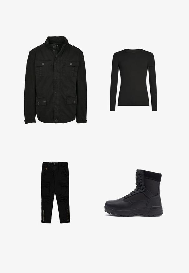 Schwarze Jacke aus Baumwolle mit Reißverschluss- und Druckknopfverschluss, ausgestattet mit zwei Brusttaschen und zwei Seitentaschen, strukturiertem Kragen und Knopfmanschetten.; Schwarzes, langärmeliges, figurbetontes T-Shirt mit Rundhalsausschnitt und dezentem Icebreaker-Logo auf dem linken Ärmel, dargestellt vor weißem Hintergrund.; Schwarze Cargo-Hosen aus Baumwolle mit Seitentaschen, Reißverschluss-Akzenten an den Knöcheln und einer regulären Passform.; Schwarzer taktischer Stiefel mit einem glatten Lederoberteil und Stoffpaneelen, hoher Knöchelgestaltung, schnürbarem vorderen Teil und robustem Gummisohle.