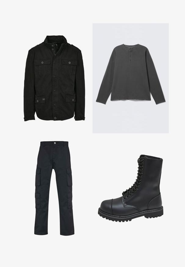 Schwarze Jacke aus Baumwolle mit Reißverschluss- und Druckknopfverschluss, ausgestattet mit zwei Brusttaschen und zwei Seitentaschen, strukturiertem Kragen und Knopfmanschetten.; Dunkelgraues Langarm-Henley-Shirt mit rundem Ausschnitt und drei Knöpfen an der vorderen Blende.; Schwarze Cargo-Hose mit geradem Bein, aus strapazierfähigem Material gefertigt. Verfügt über mehrere Seitentaschen und einen Knopfverschluss.; Schwarze Lederkampfstiefel mit hohem Schaft, Schnürung an der Vorderseite, gepolstertem Kragen und rutschfester, strukturierter Sohle für guten Halt. Mit verstärkter Zehenkappe.