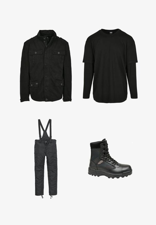Sort jakke lavet af bomuld med lynlås- og knaplukning, der har to brystlommer og to sidelommer, struktureret krave og knapmanchetter.; Urban Classics OVERSIZED SHAPED DOUBLE LAYER LS TEE - Langærmet T-shirt - black/black; Sorte isolerede bukserskørter lavet af nylon, med justerbare seler, flere lommer og elastiske manchetter ved anklerne.; Sort militærstil støvle med læderoverdel, stofpaneler, snørebånd foran og robust gummisål for godt fodfæste. Forstærket tå og ankelsupport.