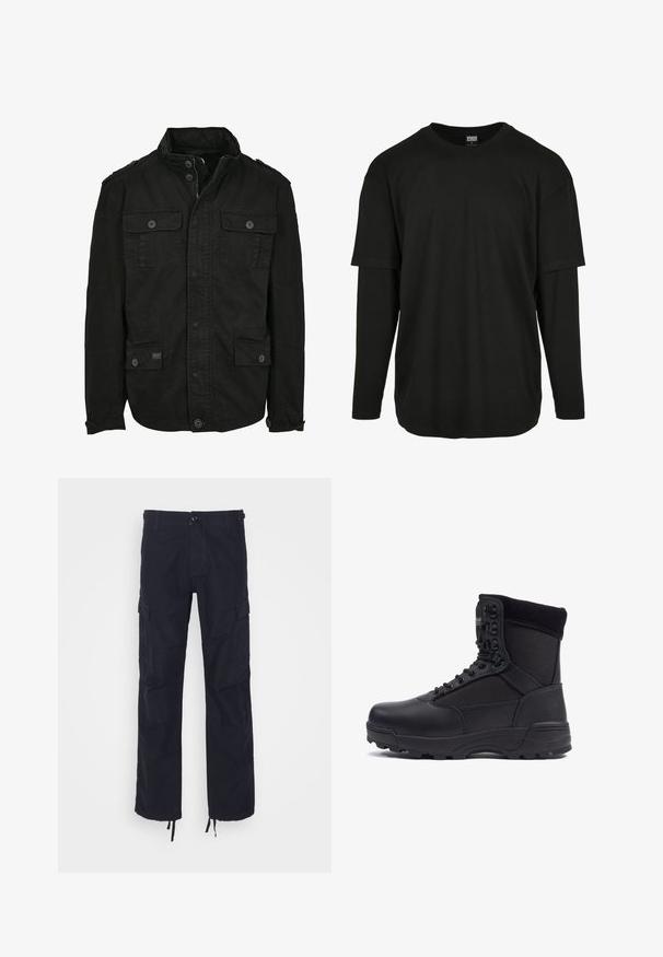 Must must katte, millel on tõmblukk ja nööbidi pael, kahel rinna- ja kahel külje jooksupesaga, struktureeritud krae ja nööpidega mansetid.; Urban Classics OVERSIZED SHAPED DOUBLE LAYER LS TEE - Pikkade varrukatega topp - black/black; Mustad vööpüksid, mis on lõdva istumisega, küljetaskute, nööbikinnituse ja reguleeritavate põlveotsadega. Valmistatud vastupidavast puuvillaste kangast.; Musthave musta taktikaline saabas sileda nahk- ja kangapaneelidega, kõrge pahkluu disain, nööridega ees ja kõva kummitald.