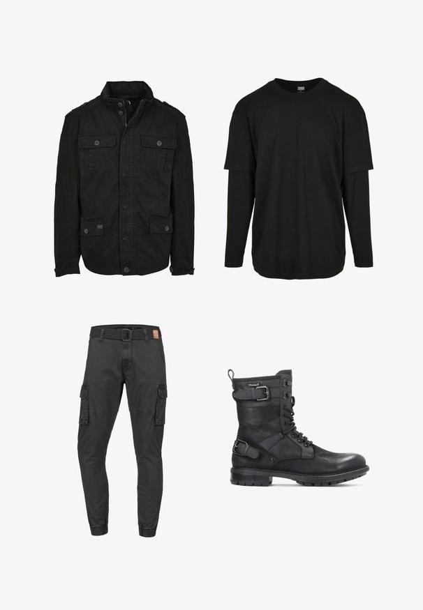 Sort jakke lavet af bomuld med lynlås- og knaplukning, der har to brystlommer og to sidelommer, struktureret krave og knapmanchetter.; Urban Classics OVERSIZED SHAPED DOUBLE LAYER LS TEE - Langærmet T-shirt - black/black; Sorte cargobukser med elastiske manchetter, sidelommer med klap, forlommer, bæltestropper, knap og lynlås.; Kazar HEARD - Cowboy- / bikerstøvlette - black
