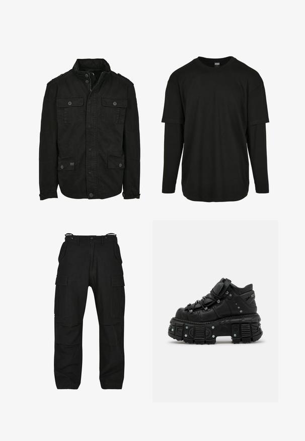 Zwarte jas van katoen met een ritssluiting en knoopsluiting, voorzien van twee borstzakken en twee zijzakken, een gestructureerde kraag en knoopmanchetten.; Urban Classics OVERSIZED SHAPED DOUBLE LAYER LS TEE - Longsleeve - black/black; Zwarte cargo broek van stevig materiaal. Beschikt over meerdere zakken, een ontspannen pasvorm en een ritssluiting met knoop. Verstevigde stiksels op de naden.; Zwarte leren high-top sneaker met een dikke rubberen zool, vetersluiting, gevoerde schacht en metalen accenten. Beschikt over een profielzool voor grip.