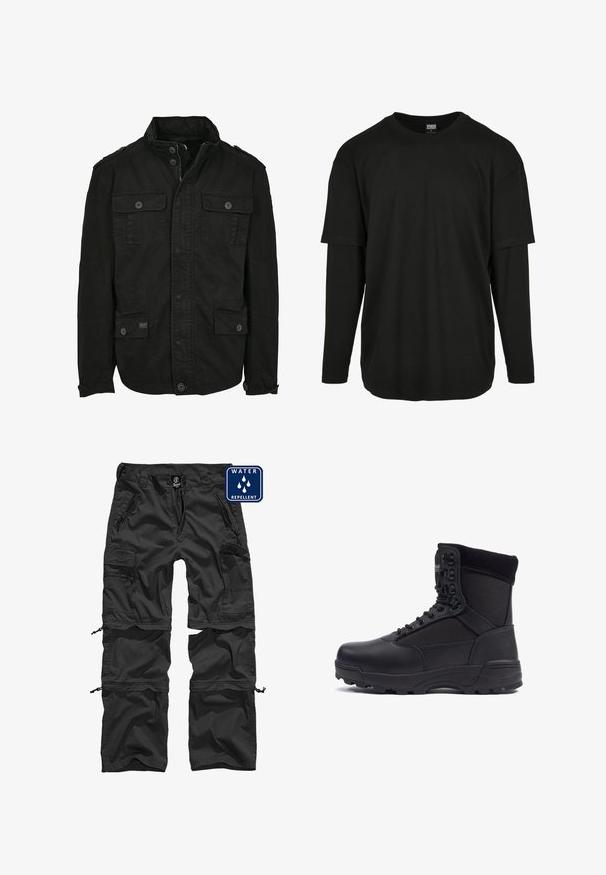 Schwarze Jacke aus Baumwolle mit Reißverschluss- und Druckknopfverschluss, ausgestattet mit zwei Brusttaschen und zwei Seitentaschen, strukturiertem Kragen und Knopfmanschetten.; Urban Classics OVERSIZED SHAPED DOUBLE LAYER LS TEE - Langarmshirt - black/black; Schwarze wasserabweisende Cargo-Hose mit Reißverschlusstaschen, verstellbaren Bündchen und einem strapazierfähigen Material. Mit einem Logo am Bund.; Schwarzer taktischer Stiefel mit einem glatten Lederoberteil und Stoffpaneelen, hoher Knöchelgestaltung, schnürbarem vorderen Teil und robustem Gummisohle.