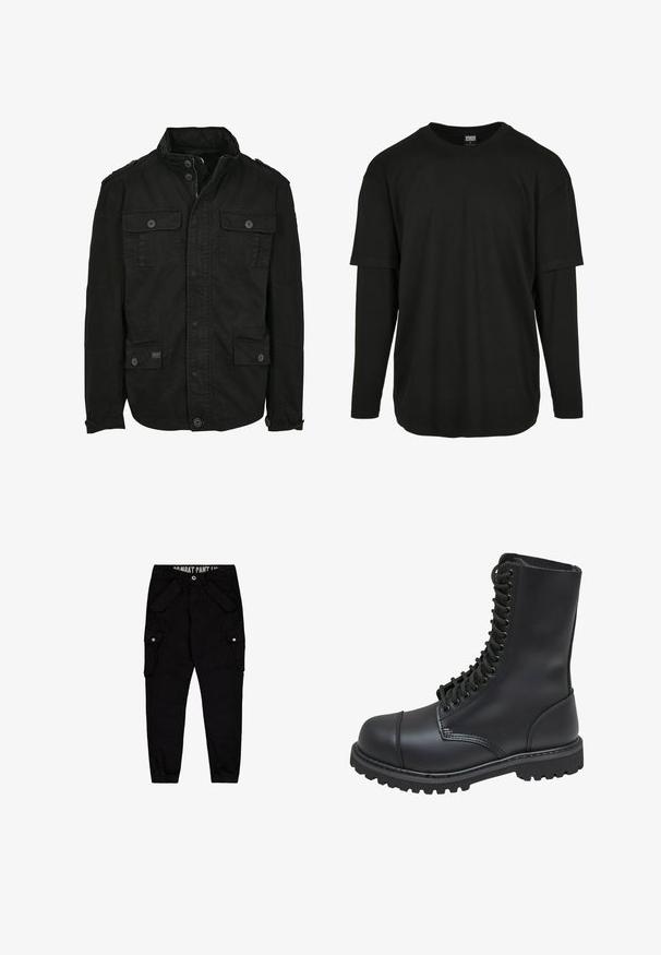 Sort jakke lavet af bomuld med lynlås- og knaplukning, der har to brystlommer og to sidelommer, struktureret krave og knapmanchetter.; Urban Classics OVERSIZED SHAPED DOUBLE LAYER LS TEE - Langærmet T-shirt - black/black; Sorte cargo bukser lavet af bomuld, med flere lommer, en tætsiddende design og elastiske manchetter ved anklerne.; Sort læder kampstøvle med høj skaft, snørebånd foran, polstret krave og en robust tekstureret sål for godt greb. Har forstærket tåhætte.
