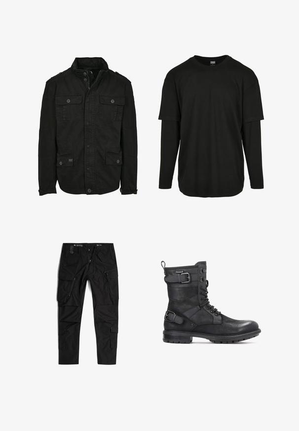Zwarte jas van katoen met een ritssluiting en knoopsluiting, voorzien van twee borstzakken en twee zijzakken, een gestructureerde kraag en knoopmanchetten.; Urban Classics OVERSIZED SHAPED DOUBLE LAYER LS TEE - Longsleeve - black/black; G-STAR TOOLBOX - Cargobroek - dk black; Kazar HEARD - Cowboy-/Bikerlaarsjes - black