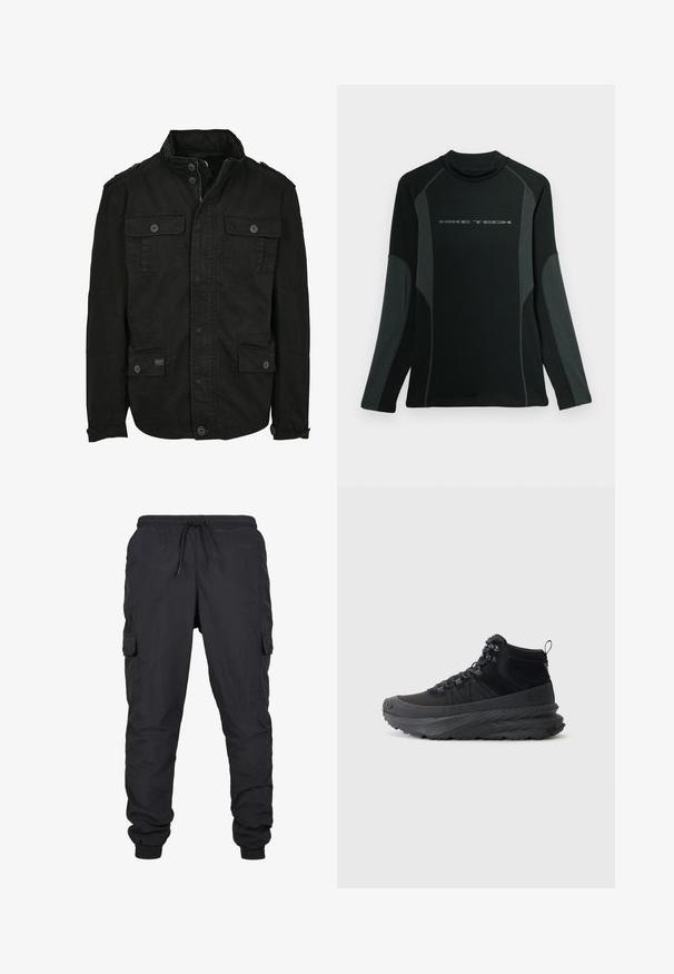 Veste noire en coton avec fermeture éclair et bouton, dotée de deux poches poitrine et de deux poches latérales, col structuré et poignets à boutons.; Chemise noire à manches longues avec col haut, fabriquée en tissu texturé. Présente des panneaux latéraux gris et le logo "NIKE TECH" sur la poitrine.; Pantalons cargo noirs avec une taille élastique et un cordon de serrage, comprenant des poches latérales et des ourlets à manches. Fabriqués dans un tissu léger et durable.; Sneaker montante noire en tissu texturé avec une semelle en caoutchouc, présentant un système de laçage, un col rembourré et une languette à l'arrière.
