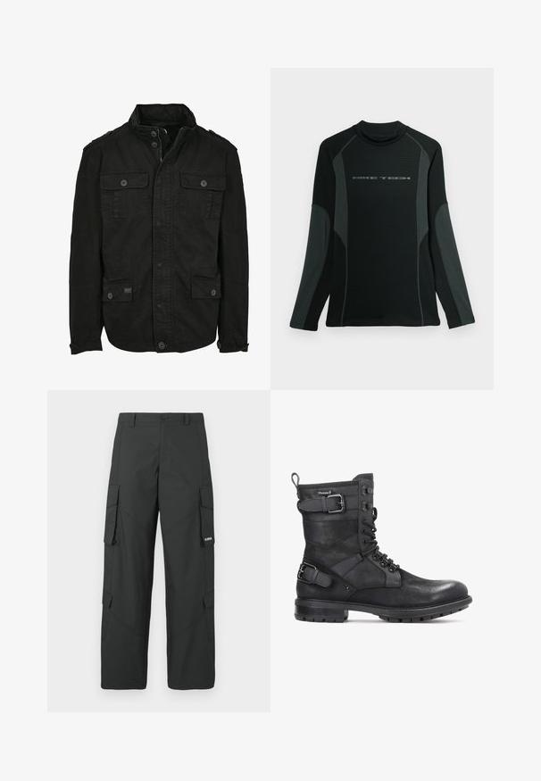 Schwarze Jacke aus Baumwolle mit Reißverschluss- und Druckknopfverschluss, ausgestattet mit zwei Brusttaschen und zwei Seitentaschen, strukturiertem Kragen und Knopfmanschetten.; Schwarzes langärmliges Shirt mit hohem Kragen, aus strukturiertem Stoff. Hat graue Seitenpanels und das "NIKE TECH"-Logo auf der Brust.; Schwarze gerade Cargo-Hosen mit seitlichen Klappentaschen, Druckknopfverschluss, Gürtelschlaufen und kleinem weißen Logo auf der Klappentasche rechts.; Kazar HEARD - Cowboy-/Bikerstiefelette - black