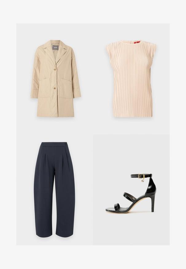 Beige knee-length coat with lapel collar, two front pockets, and two-button closure, displayed on a plain white background.; Sleeveless beige pleated blouse with round neckline and subtle vertical texture, displayed on a white background.; Dark navy wide-leg cropped trousers with high waist and front pleats, shown against a plain light background.; Black patent leather sandal with three straps, ankle buckle, and 4-inch stiletto heel. Features gold hardware detail and logo charm.