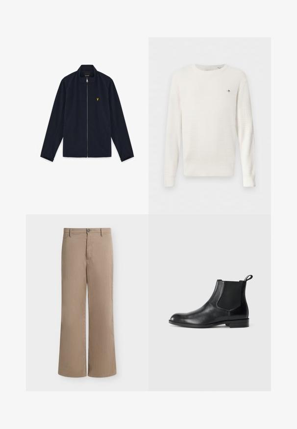 Veste zippée bleu marine avec col montant, manches longues, poches latérales et petit logo brodé jaune sur la poitrine.; Pull à col rond en maille blanche texturée avec manches longues et petit logo brodé sur le côté gauche de la poitrine.; Pantalon beige droit avec fermeture par bouton et zip, passants pour ceinture et poches latérales sur fond uni.; Bottine en cuir noir avec des panneaux latéraux élastiques, bout rond et tirette. Texture lisse, semelle plate, design minimaliste.