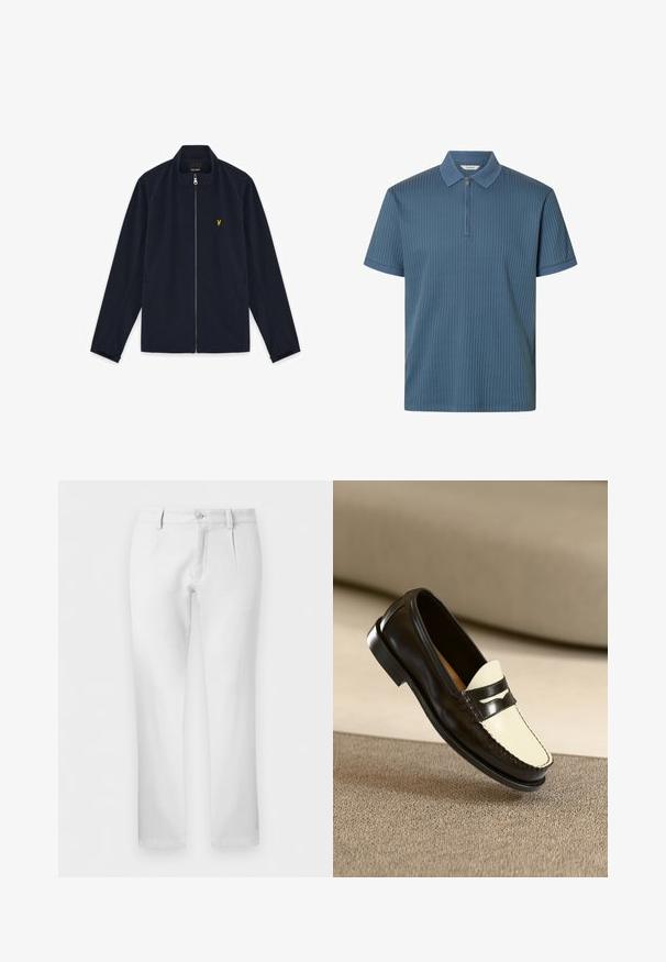 Veste zippée bleu marine avec col montant, manches longues, poches latérales et petit logo brodé jaune sur la poitrine.; Polo bleu côtelé à manches courtes avec fermeture éclair devant et col et poignets texturés, présenté sur fond blanc.; Pantalon blanc droit avec passants pour ceinture, fermeture par bouton et plis avant sur fond uni.; Mocassin en cuir noir avec un empeigne crème et des rayures noires, présentant un petit talon et des coutures détaillées le long des bords.