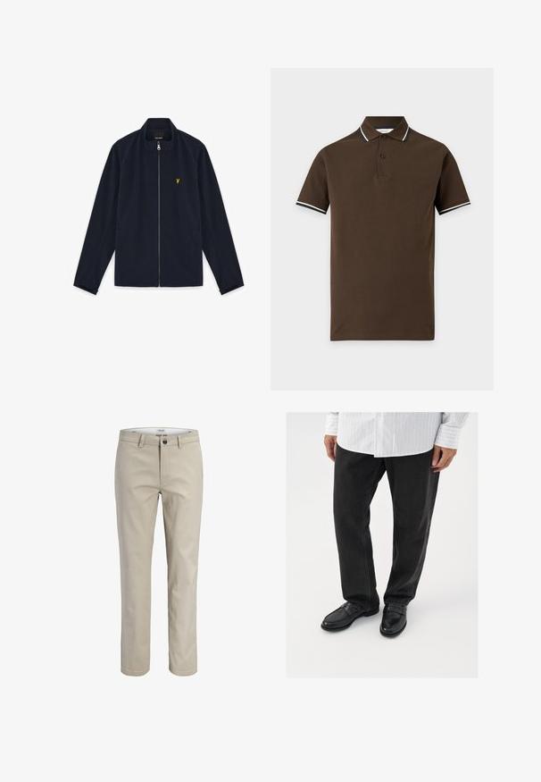 Veste zippée bleu marine avec col montant, manches longues, poches latérales et petit logo brodé jaune sur la poitrine.; Polo marron à manches courtes avec patte à deux boutons et bordure blanche et marine à rayures sur le col et les bords des manches.; Pantalon beige droit avec passants de ceinture, fermeture par bouton et poches avant, présenté sur fond blanc.; Pantalons en denim noir associés à des mocassins noirs brillants. La chemise est blanche avec de fines rayures verticales, avec des manches longues et un col boutonné.