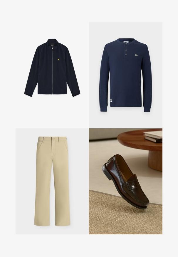 Veste zippée bleu marine avec col montant, manches longues, poches latérales et petit logo brodé jaune sur la poitrine.; Chemise henley bleu marine à manches longues avec texture côtelée, quatre boutons, logo crocodile Lacoste sur la poitrine et étiquette de la marque près de l'ourlet.; Pantalon beige à jambes droites avec passants de ceinture, poches latérales, fermeture à bouton et design épuré et simple.; Mocassins en cuir marron au fini brillant, avec un détail cousu sur le devant et une semelle en caoutchouc noir à profil bas.