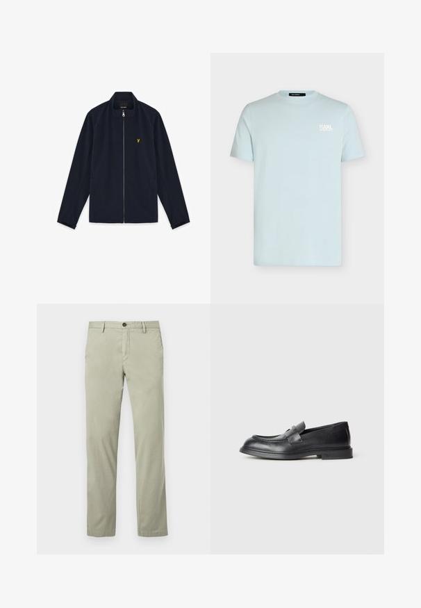 Veste zippée bleu marine avec col montant, manches longues, poches latérales et petit logo brodé jaune sur la poitrine.; T-shirt bleu clair à manches courtes avec petit logo blanc "KARL LAGERFELD" sur la poitrine gauche.; Chinos vert clair en tissu de coton lisse, avec fermeture à boutons, poches latérales et coupe droite.; Mocassins en cuir noir avec une finition texturée, dotés d'une bride décorative à l'avant et d'un bout arrondi. Semelle en caoutchouc pour plus de durabilité.