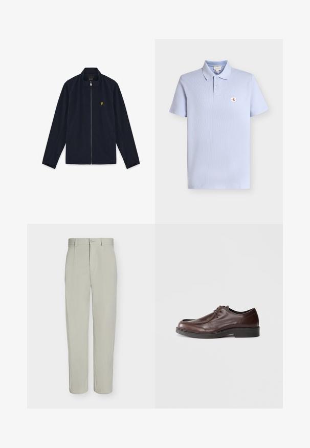 Veste zippée bleu marine avec col montant, manches longues, poches latérales et petit logo brodé jaune sur la poitrine.; Polo bleu clair à manches courtes avec deux boutons, col et petit logo CK rouge et blanc sur la poitrine gauche.; Pantalon beige clair à jambe droite, fermeture à bouton, passants de ceinture et plis sur le devant, présenté sur un fond blanc uni.; Chaussure habillée en cuir marron avec un bout arrondi, des accents de couture minimum, et une semelle noire robuste. Présente un système de laçage et une texture lisse.