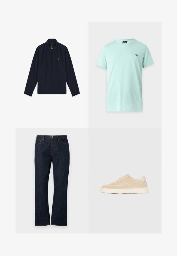 Veste zippée bleu marine avec col montant, manches longues, poches latérales et petit logo brodé jaune sur la poitrine.; T-shirt bleu clair à manches courtes et col rond avec un petit logo zèbre coloré brodé sur le côté gauche de la poitrine.; Jean droit en denim bleu foncé avec poches avant, rivets en cuivre et fermeture par bouton.; Baskets en daim beige avec semelle et lacets blancs, design basse, et motif de semelle en zigzag.