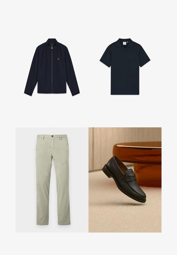 Veste zippée bleu marine avec col montant, manches longues, poches latérales et petit logo brodé jaune sur la poitrine.; Polo bleu marine à manches courtes avec un col classique et une petite étiquette de marque à l'intérieur de l'encolure.; Chinos vert clair en tissu de coton lisse, avec fermeture à boutons, poches latérales et coupe droite.; Mocassin homme en cuir noir avec une bande sur le dessus, présenté sur un tapis beige près d'une table ronde moderne marron.