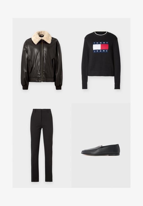 Sort læderbomberjakke med kridhvid shearling-krave, lynlåslukning, sidelommer og ribstrikkede manchetter. Glat tekstur og klassisk design.; Sort crewneck-trøje med hvidt og rødt Tommy Jeans-logo på fronten, ribstrikkede manchetter og kant samt hvid kant ved hals, manchetter og kant.; Sorte skræddersyede bukser lavet af glat stof. Har en flad front, bæltestropper og lige ben med sidelommer.; Sorte læderloafers med en glat tekstur, rundet tå og subtile syningsdetaljer. Har en guldfarvet logoaccent på oversiden.