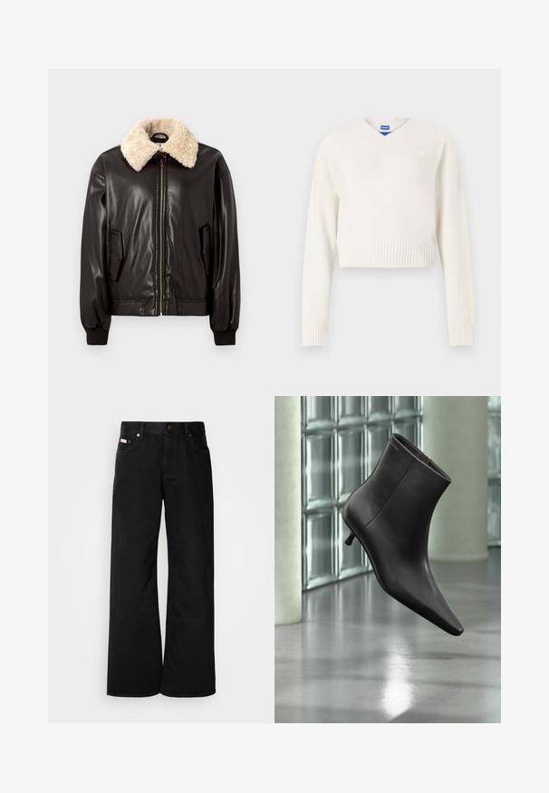 Sort læderbomberjakke med kridhvid shearling-krave, lynlåslukning, sidelommer og ribstrikkede manchetter. Glat tekstur og klassisk design.; Hvid, cropped sweater lavet af blødt strikket materiale. Har V-hals, ribbet kant og et lille hjerteemblem på venstre bryst.; Sorte breddebenede jeans lavet af bomuld. Har forlommer, en knaplukning og en klassisk denimtekstur. Minimalistisk design uden mønstre.; Sort læderankelstøvle med spids tå og lille hæl vist mod en væg af glasblokke og poleret gulv baggrund.