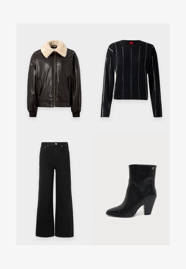 Sort læderbomberjakke med kridhvid shearling-krave, lynlåslukning, sidelommer og ribstrikkede manchetter. Glat tekstur og klassisk design.; Sort ribbet sweater med lange ærmer, rund hals og sølvfarvede lodrette striber. Stoffet har en blød tekstur og har et mærkelabel ved halsudskæringen.; Sorte jeans med vide ben lavet af denim; har høj talje, forlommer og knaplukning. Ingen synlige mønstre eller pynt.; Sort læderankelstøvle med spids tå, blokhæl og lille gyldent logo nær den øverste kant på ydersiden.