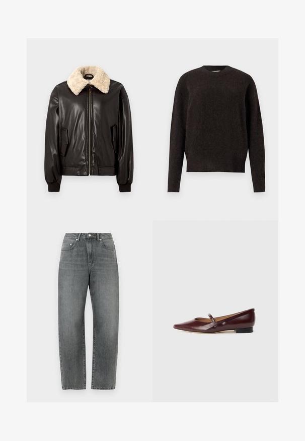 Sort læderbomberjakke med kridhvid shearling-krave, lynlåslukning, sidelommer og ribstrikkede manchetter. Glat tekstur og klassisk design.; Samsøe Samsøe ANOUR - Striktrøje - black coffee; Grå denimjeans har en lige ben-snit, klassisk design med fem lommer og metalknapdetaljer foran.; Burgundyrød patenteret lædersko med spids tå og en dekorativ rem over vristen. Har en lav sort hæl.