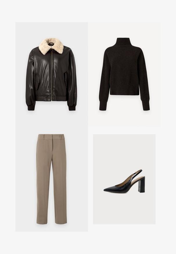 Sort læderbomberjakke med kridhvid shearling-krave, lynlåslukning, sidelommer og ribstrikkede manchetter. Glat tekstur og klassisk design.; Sort højhalset sweater med lange ærmer og ribbede manchetter og kant, præsenteret på en hvid baggrund.; Klassiske kaki bukser med lige ben, bæltestropper og lynlås foran på hvid baggrund.; Sort læder dame slingback sko med spids tå og høj blokhæl på lys baggrund.