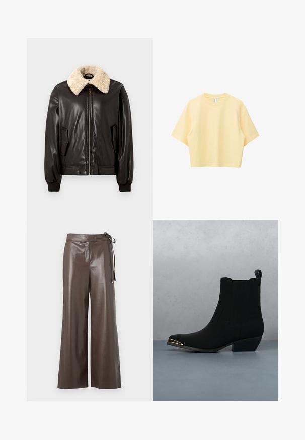 Sort læderbomberjakke med kridhvid shearling-krave, lynlåslukning, sidelommer og ribstrikkede manchetter. Glat tekstur og klassisk design.; Lysegul, kortærmet crop top med rund halsudskæring, vist fladt mod en hvid baggrund.; Brune faux læder vide bukser med høj talje og sidesnor-detalje på hvid baggrund.; Sorte ankelstøvler med teksturerede sider, spidse tæer og en lav hæl. Har et guld accent med "GUESS" på hælen. Anbragt på en mønstret fliseoverflade.