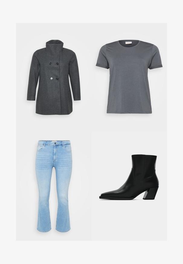 Manteau en laine grise avec un col haut, ouverture à double boutonnage, manches longues et une coupe droite.; T-shirt gris à manches courtes en tissu doux, avec un col rond classique et des manches retroussées. Texture lisse sans motifs visibles.; Jeans en denim bleu clair avec une taille ajustée, une ouverture de jambe évasée, un design à cinq poches et une légère décoloration dans la texture du tissu.; Bottine en cuir noir avec un bout pointu, une silhouette élégante et un talon carré massif. Texture lisse avec des détails de couture minimalistes.