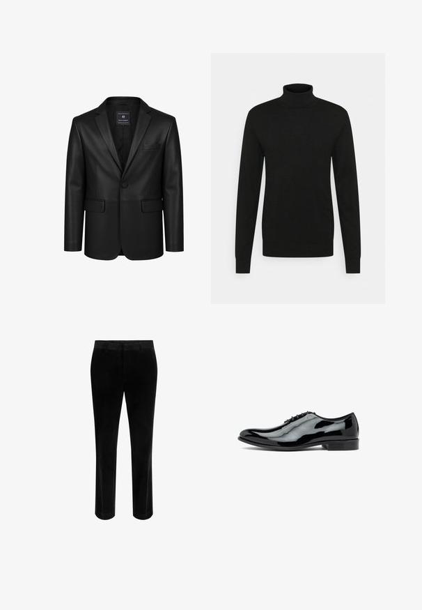 Blazer en cuir noir à bouton unique avec col à revers cranté, poche poitrine, deux poches avant à rabat, et étiquette Felix Hardy à l'intérieur du col.; Pull à col roulé noir en matériau doux et extensible. Manches longues, col et poignets côtelés, et silhouette ajustée.; Pantalons droits noirs avec passants de ceinture et fermeture éclair frontale, en tissu doux et velouté.; Chaussure habillée en cuir noir avec une finition brillante, bout arrondi, cinq œillets pour les lacets et un talon bas. Texture lisse et design minimaliste.