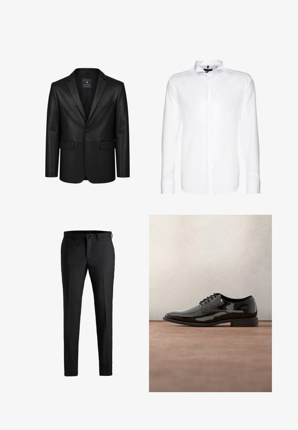 Blazer en cuir noir à bouton unique avec col à revers cranté, poche poitrine, deux poches avant à rabat, et étiquette Felix Hardy à l'intérieur du col.; Chemise blanche à manches longues pour homme avec patte de boutonnage dissimulée, col italien et poignets boutonnés, présentée de face sur fond blanc.; Pantalons noirs en tissu lisse, avec une coupe droite, un clasp frontal simple, des passants de ceinture et un design épuré et simple.; Chaussure de dress en cuir verni noir avec un bout arrondi, un design à lacets et une surface lisse et brillante. Dispose d'une semelle en caoutchouc discrète.