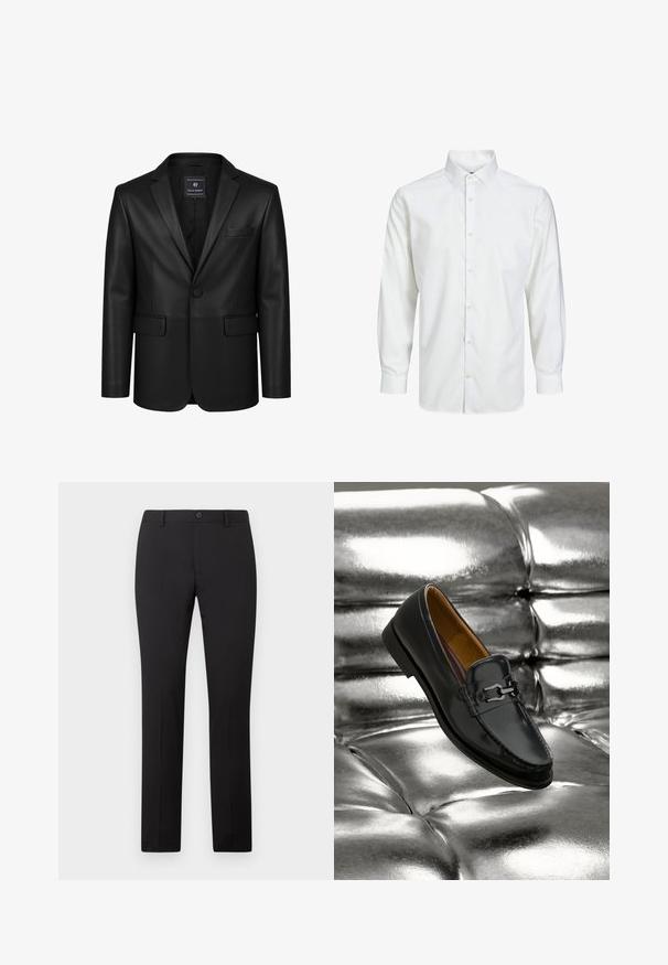 Blazer en cuir noir à bouton unique avec col à revers cranté, poche poitrine, deux poches avant à rabat, et étiquette Felix Hardy à l'intérieur du col.; Chemise blanche à manches longues avec boutons, col pointu et poignets boutonnés, présentée sur un fond blanc uni.; Pantalon noir sur mesure avec une coupe droite, doté d'une fermeture à bouton et de passants pour ceinture. Confectionné dans un tissu lisse sans motifs apparents.; Mocassin en cuir noir avec détail boucle en métal argenté reposant sur une surface en cuir argenté capitonné et brillant.