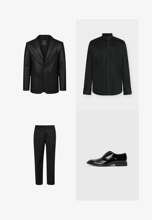 Blazer en cuir noir à bouton unique avec col à revers cranté, poche poitrine, deux poches avant à rabat, et étiquette Felix Hardy à l'intérieur du col.; Chemise noire à manches longues avec col montant, patte de boutonnage cachée et larges poignets, présentée sur un fond clair uni.; Pantalon noir à coupe droite, avec une texture lisse et un design à l'avant plat. Comprend des passants de ceinture et deux poches latérales.; Chaussure habillée en cuir verni noir avec un design épuré, bout pointu et six œillets pour les lacets ; surface lisse et talon bas.
