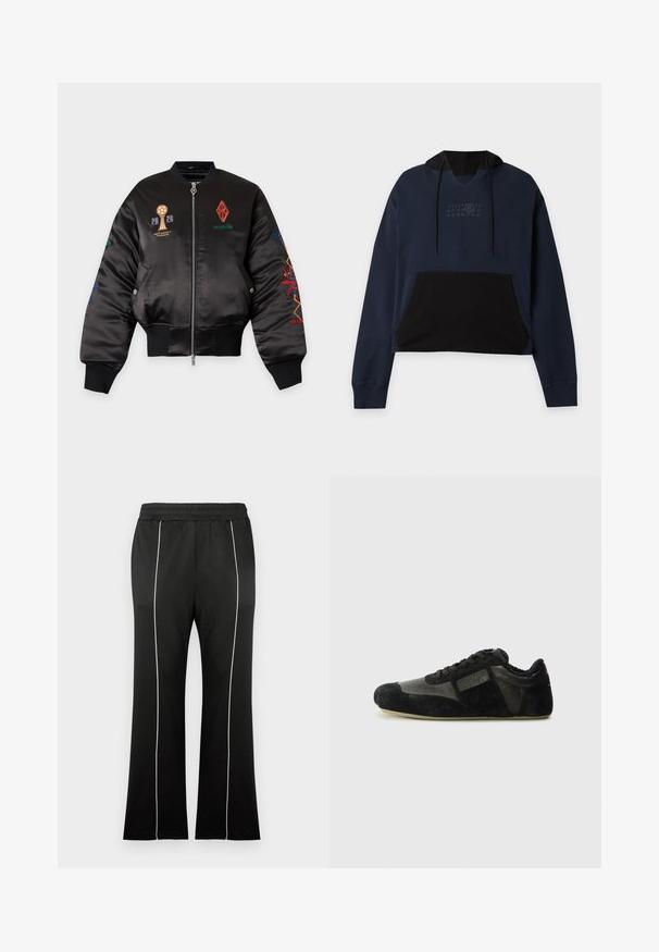 Veste bomber en satin noir avec logos et texte brodés colorés, fermeture éclair frontale, poignets et taille côtelés, et poches à boutons-pression.; Sweat à capuche court bleu marine et noir avec poche kangourou à l'avant, capuche à cordon et discret motif de numéro sur la poitrine.; Pantalon de sport noir avec une taille cintrée, doté de bandes blanches sur les côtés et d'une coupe évasée aux jambes. Fabriqué en tissu doux et extensible.; Baskets noires en suède et cuir. Présentent un profile bas, un bout arrondi, un design à lacets et des accents texturés. Les semelles ont une texture antidérapante.