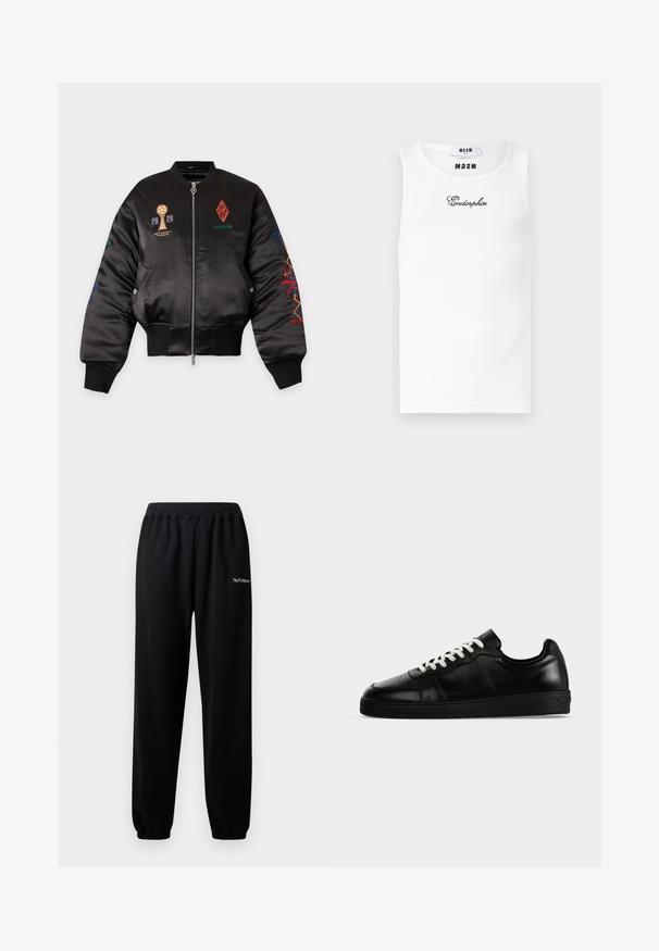 Veste bomber en satin noir avec logos et texte brodés colorés, fermeture éclair frontale, poignets et taille côtelés, et poches à boutons-pression.; Débardeur blanc sans manches à côtes avec le texte cursif noir "Endorphin" brodé sur la poitrine et des étiquettes internes de la marque MSGM au niveau de l'encolure.; Pantalon de survêtement noir en tissu doux, avec une taille et des poignets élastiques. Comprend l'inscription "No Problemo" brodée en blanc sur la jambe gauche.; Baskets basses en cuir noir avec lacets blancs, semelle plate noire et détails subtils de couture, visibles de profil sur un fond gris.