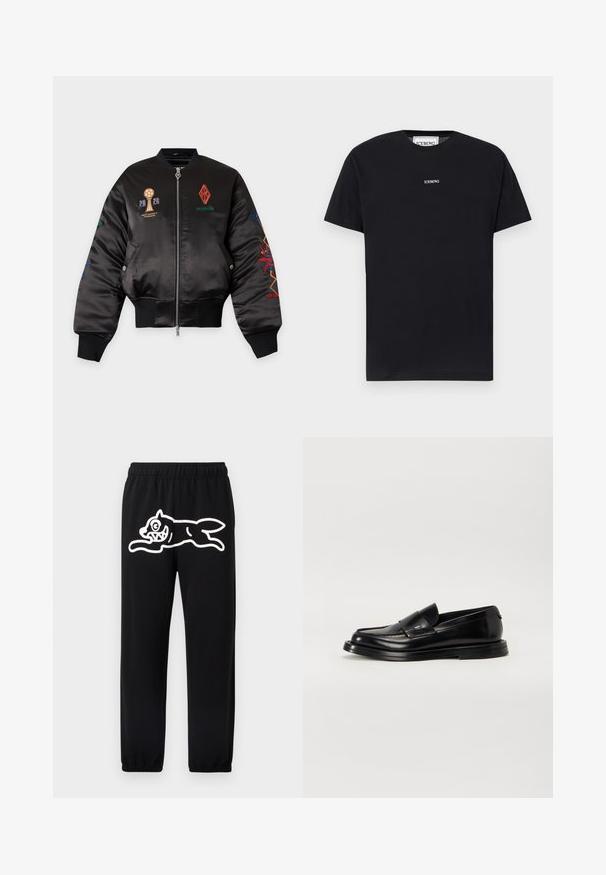 Veste bomber en satin noir avec logos et texte brodés colorés, fermeture éclair frontale, poignets et taille côtelés, et poches à boutons-pression.; T-shirt noir à manches courtes avec col rond, petit logo blanc "ICEBERG" centré sur la poitrine sur un fond uni.; Pantalon de survêtement noir avec une ceinture élastique, arborant un grand motif blanc de style cartoon représentant une créature sautante sur la jambe gauche.; The Antipode COLLEGE - Mocassins - black
