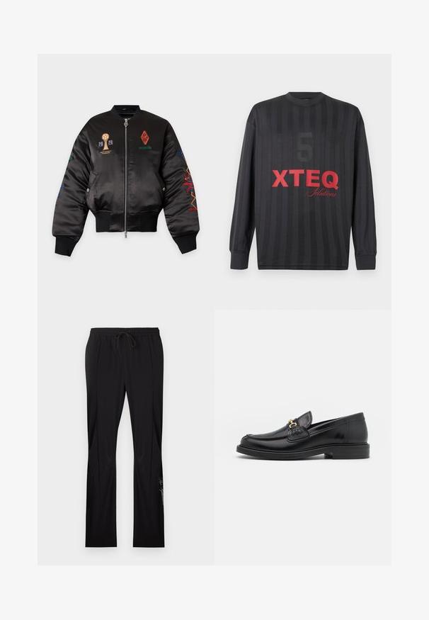 Veste bomber en satin noir avec logos et texte brodés colorés, fermeture éclair frontale, poignets et taille côtelés, et poches à boutons-pression.; Chemise noire à manches longues avec de subtiles rayures verticales, arborant un grand chiffre 5 sombre et un texte rouge vif "XTEQ Solutions" à l'avant.; Pantalon noir à jambes droites avec taille élastique et cordon de serrage, présentant des coutures verticales discrètes et un texte logo sur la partie inférieure de la jambe gauche.; Mocassins en cuir noir avec un embout rond, présentant des accents en métal doré et des détails de couture, montés sur une semelle en caoutchouc texturé et basse.