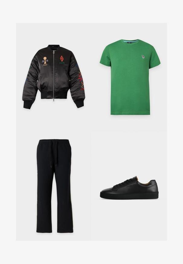 Veste bomber en satin noir avec logos et texte brodés colorés, fermeture éclair frontale, poignets et taille côtelés, et poches à boutons-pression.; T-shirt vert à manches courtes avec col rond, arborant un petit logo zèbre multicolore sur la poitrine gauche.; Pantalon de jogging noir à coupe droite avec taille élastique et cordons noirs, présenté sur un fond gris clair uni.; Basket basse en cuir noir avec lacets noirs, semelle en caoutchouc texturée et petit logo embossé sur le côté, présenté de profil sur fond gris.