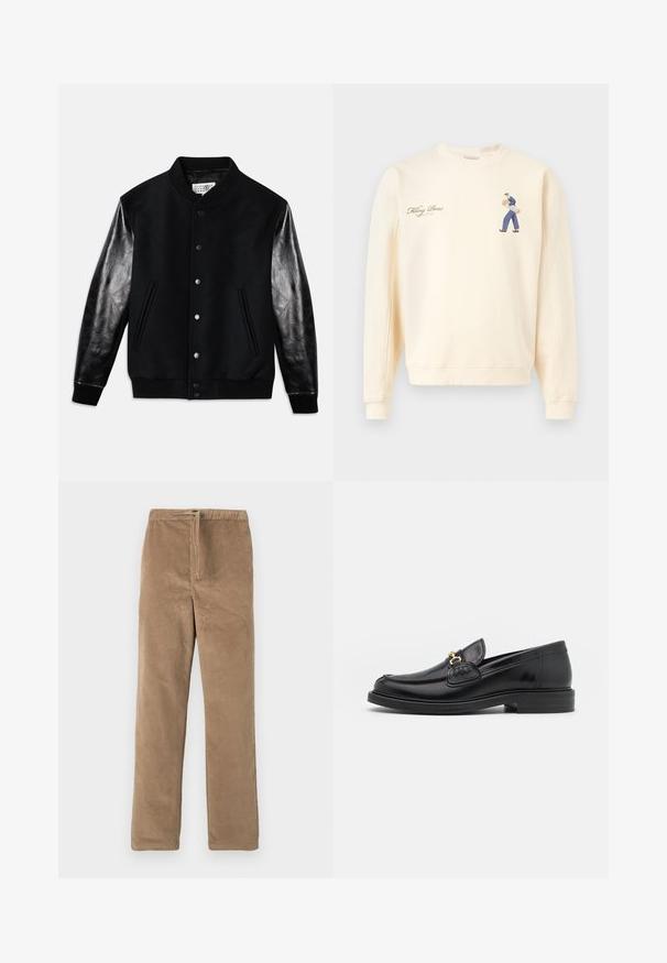 Sort varsity-jakke med uldkrop og skinnende sorte læderærmer. Har trykknapper og sidelommer samt ribbet manchetter og kant.; Kremhvid sweatshirt med lille grafik af en person, der bærer baguetter, og teksten "Filling Pieces Baking Bread" på brystet.; Brune fløjlspants med elastisk talje og front snor, lige benpasform, præsenteret på hvid baggrund.; Sorte læder loafers med en rund tå, der har guld hardware accent og syningsdetaljer, placeret på en lav, tekstureret gummisål.