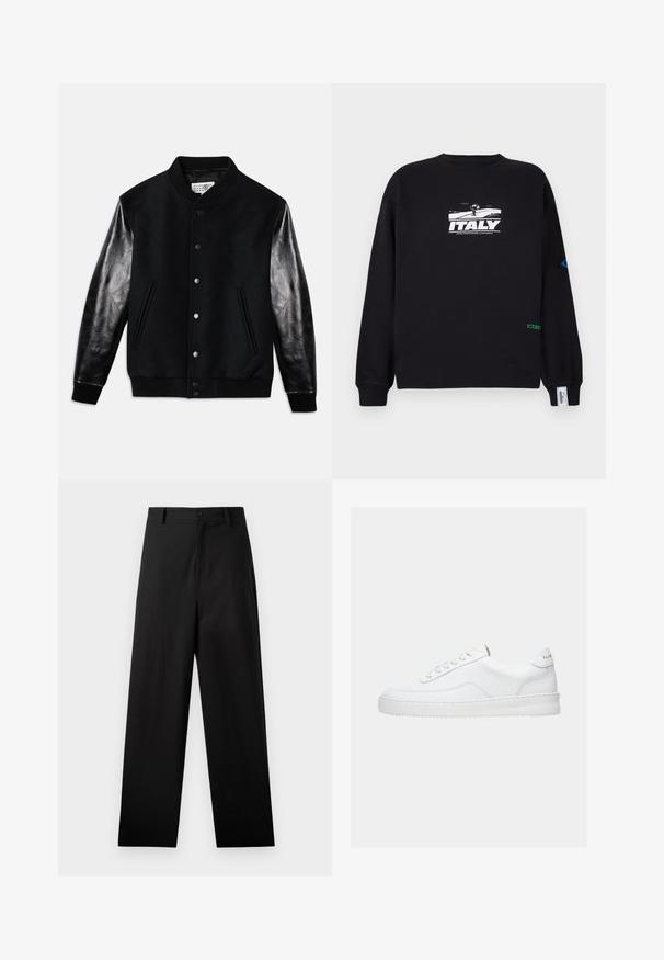 Sort varsity-jakke med uldkrop og skinnende sorte læderærmer. Har trykknapper og sidelommer samt ribbet manchetter og kant.; Iceberg Sweatshirt - nero; Sorte bukser lavet af bomuld med lige ben-design, der har en frontknaplukning og sidelommer. Glat tekstur, ingen mønstre.; Hvid lavt sneaker med snørelukning, glat læderoverdel og tyk sål, vist fra siden på en ensfarvet baggrund.
