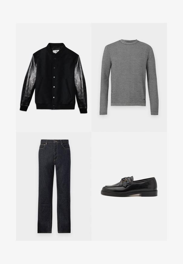 Schwarze Varsity-Jacke mit Wollkörper und glänzenden schwarzen Ledermanschetten. Verfügt über Druckknöpfe und seitliche Taschen, mit gerippten Bündchen und Saum.; Grauer Strickpullover mit Gittermuster, Rundhalsausschnitt und langen Ärmeln. Strukturierter Stoff mit gerippten Bündchen und Saum. Schlichtes Design.; Dunkelblaue Jeans mit geradem Bein, kontrastierenden gelben Nähten, Fünf-Taschen-Design und vorderem Knopfverschluss.; Schwarze Leder-Lederschuhe mit abgerundeter Zehenpartie und dekorativem Schnallenakzent. Flacher, solider Absatz und durchgehend glatte Oberfläche.