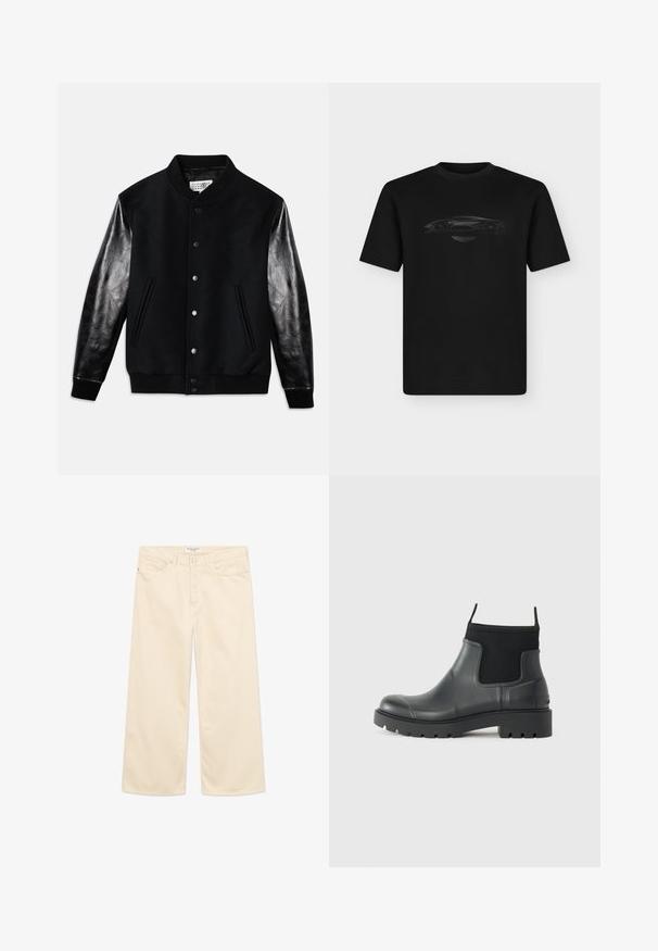 Schwarze Varsity-Jacke mit Wollkörper und glänzenden schwarzen Ledermanschetten. Verfügt über Druckknöpfe und seitliche Taschen, mit gerippten Bündchen und Saum.; Schwarzes kurzärmeliges T-Shirt mit einer minimalistischen Skizze eines Sportwagens und einem kleinen geflügelten Logo unter dem Design auf der Brust.; Cremefarbene Jeans mit weitem Bein aus Baumwolle, mit Taschen vorne, einem Knopfverschluss und minimalen Steppnähten. Vorderansicht vor weißem Hintergrund.; Schwarze Knöchelstiefel aus Gummi mit matter Oberfläche, die ein schlankes Design, elastische Einsätze und eine robuste Sohle für bessere Bodenhaftung bieten.