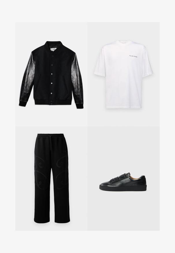 Schwarze Varsity-Jacke mit Wollkörper und glänzenden schwarzen Ledermanschetten. Verfügt über Druckknöpfe und seitliche Taschen, mit gerippten Bündchen und Saum.; Weißes kurzärmliges T-Shirt aus Baumwolle mit V-Ausschnitt, mit einem schwarzen "FILLING PIECES" Logo, das auf der linken Seite gedruckt ist.; Schwarze Sweatpants mit lockerer Passform, die an den Seiten über aufwendige, spiralförmige Nähmuster verfügen und einen elastischen Bund mit Kordelzug haben.; Schwarze Leder-Sneaker mit glatter Textur, runder Zehenpartie und Schnürverschluss. Verfügt über eine dicke Gummisohle und minimalistische Marken-Details.