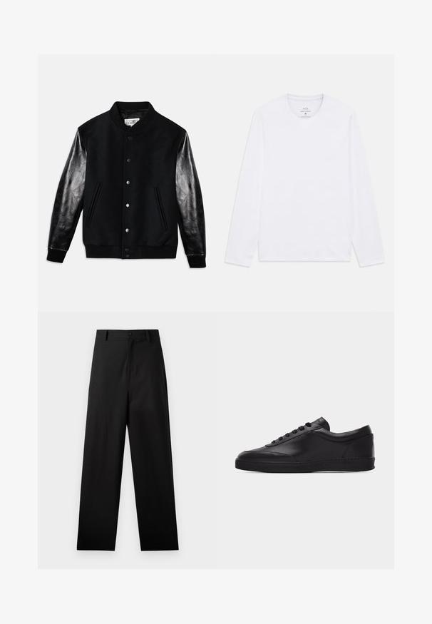 Schwarze Varsity-Jacke mit Wollkörper und glänzenden schwarzen Ledermanschetten. Verfügt über Druckknöpfe und seitliche Taschen, mit gerippten Bündchen und Saum.; Weiße Langarmshirts mit Rundhalsausschnitt und Armani Exchange-Logo im Nacken, Größe M.; Schwarze Baumwollhosen mit geradem Bein, ausgestattet mit einem vorderen Knopfverschluss und Seiten Taschen. Glatte Textur, keine Muster.; Schwarzer flacher Leder-Sneaker mit Schnürung vorne und flacher Gummisohle, seitlich auf einem schlichten weißen Hintergrund gezeigt.