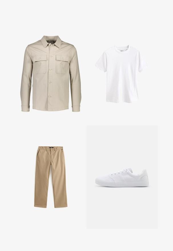 Beige knap-jakke lavet af letvægtsstof. Har to brystlommer, en spids krave og lange ærmer med knapmanchetter.; Enkel hvid T-shirt med korte ærmer og rund halsudskæring med synligt mærke indeni kraven.; Beige bukser med lige ben, knap- og lynlåslukning, bæltestropper og sidelommer, lagt fladt på en hvid baggrund.; Hvide lærreds sneakers med gummisål, der har seks snørehuller, en struktureret tåkap og et minimalistisk design.