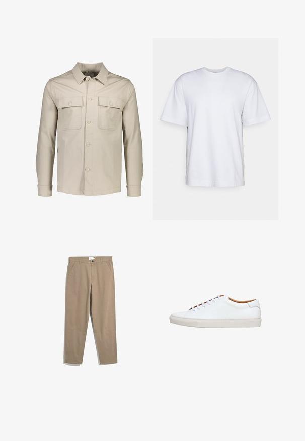Beige Knopfjacke aus leichtem Stoff. Verfügt über zwei Brusttaschen, einen spitzen Kragen und lange Ärmel mit Knopfmanschetten.; Filippa K HEAVY CREW NECK TEE - T-Shirt basic - white; Farah NORWOOD - Stoffhose - beige; Weißer Ledersneaker mit einer strukturierten Gummisohle, rundem Zehenbereich und kontrastierendem, braunem Innenfutter. Verfügt über fünf Ösen und weiße Schnürsenkel.