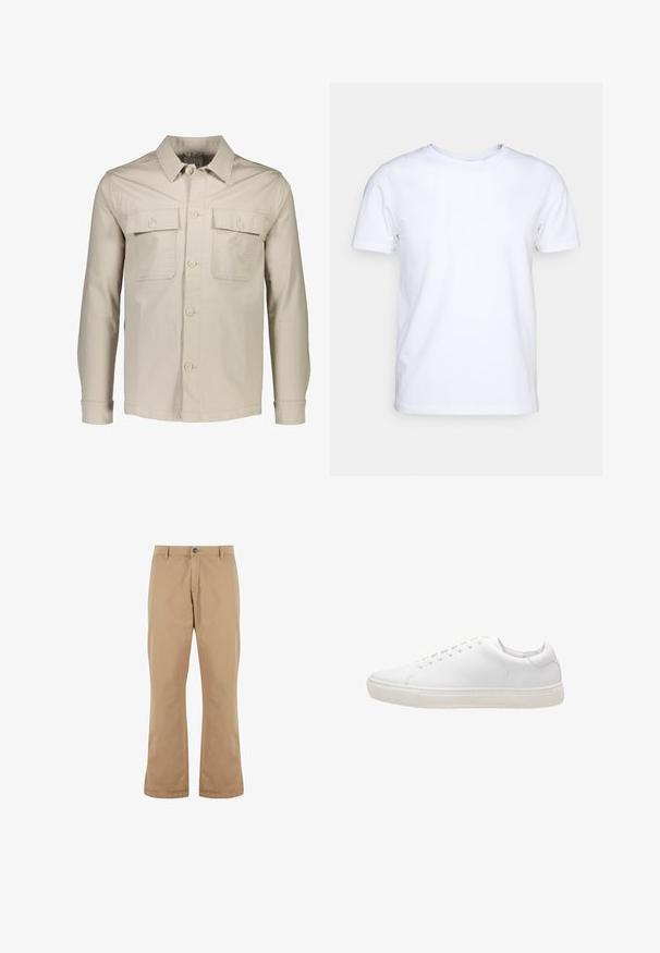 Beige Knopfjacke aus leichtem Stoff. Verfügt über zwei Brusttaschen, einen spitzen Kragen und lange Ärmel mit Knopfmanschetten.; Weißes T-Shirt mit kurzen Ärmeln aus Baumwollstoff und rundem Halsausschnitt. Schlichtes Design ohne Muster oder Akzente. Glatte Textur.; Beige Baumwollhosen mit geradem Schnitt, ausgestattet mit einem Knopfverschluss, Vordertaschen und einer glatten Textur.; Weiße Leder-Sneaker mit glatter Textur, runder Zehenpartie, Schnürverschluss und flacher Gummisohle. Minimalistisches Design ohne sichtbare Muster.