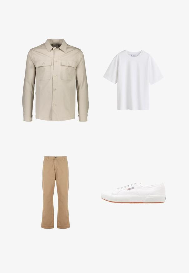 Beige knap-jakke lavet af letvægtsstof. Har to brystlommer, en spids krave og lange ærmer med knapmanchetter.; Simpel hvid kortærmet bomuld t-shirt med rund hals, vist forfra på hvid baggrund.; Beige bomuldsbukser med lige pasform, der har knaplukning, forlommer og en glat tekstur.; Hvide kanvas sneakers med gummisål, snørebåndsdesign og et lille logo mærke på siden. Tekstureret hvid overdel og brun ydersål.