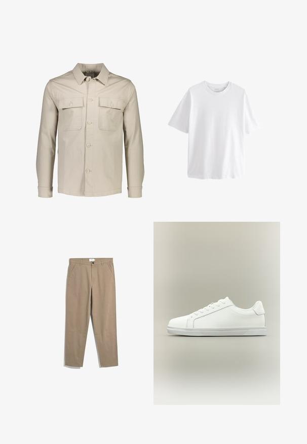 Beige Knopfjacke aus leichtem Stoff. Verfügt über zwei Brusttaschen, einen spitzen Kragen und lange Ärmel mit Knopfmanschetten.; Schlichtes weißes T-Shirt mit kurzen Ärmeln und Rundhalsausschnitt in entspannter Passform vor weißem Hintergrund.; Farah NORWOOD - Stoffhose - beige; Weißer Sneaker mit niedrigem Schaft, Schnürung vorne und strukturierter Gummisohle vor einfachem neutralem Hintergrund.