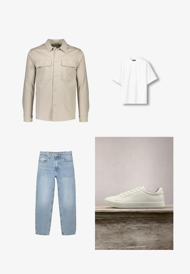 Beige knap-jakke lavet af letvægtsstof. Har to brystlommer, en spids krave og lange ærmer med knapmanchetter.; Hvid, kortærmet oversize T-shirt med rund hals og sort label på indersiden af nakkekanten, vist på en lys baggrund.; Lyseblå denim jeans, løs pasform, høj talje, fem-lommer design, knap- og lynlåsåbning, lige ben med let flosset kant.; Hvide snørresneakers svævende over en træbænk med grønne planter i baggrunden, der fremhæver skodesign og tekstur.