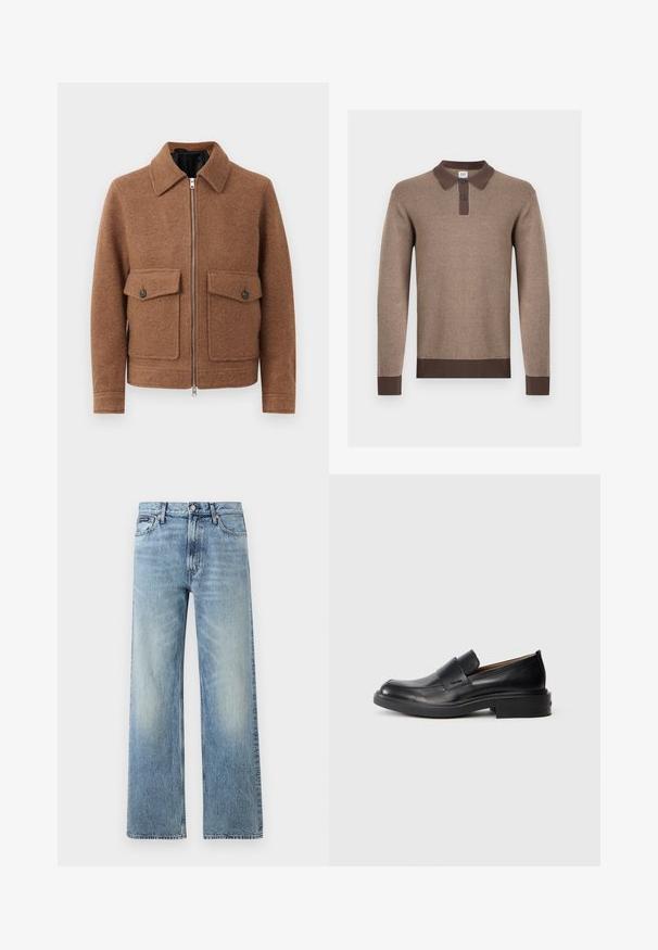 Braune Wollmischung Jacke mit einem Kragen, Frontreißverschluss und zwei aufgesetzten Taschen mit Knopfverschlüssen. Schlichtes, strukturiertes Design.; Braunes langärmeliges Strick-Poloshirt mit dunkelbraunem Kragen, zweiknöpfiger Blende, Manschetten und Saum, dargestellt vor weißem Hintergrund.; Hellblaue Jeans mit geradem Bein, hohem Bund, fünf Taschen, Knopfverschluss und dezentem Verblassen an Oberschenkeln und Knien.; Schwarze Leder-Pantoletten mit niedrigem Absatz und dezentem Calvin Klein-Logo an der Seite, im Profil vor einem weißen Hintergrund dargestellt.